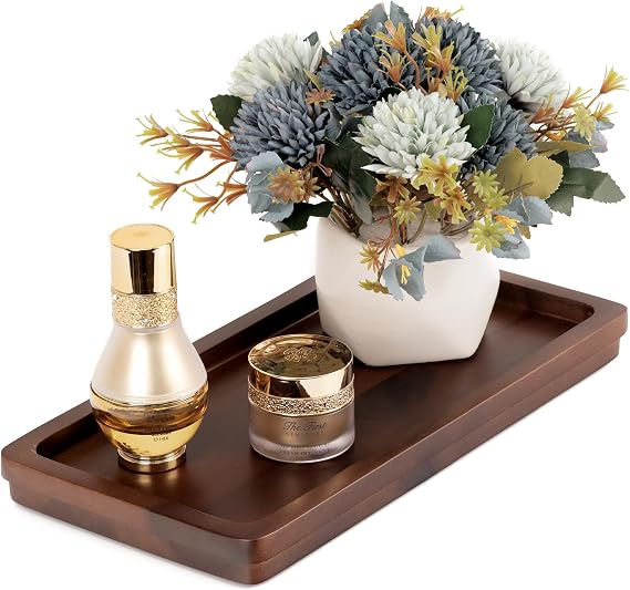 Demigo Bathroom Vanity Tray, Dark Brown Acacia Wood Tray, 11.8 x 5.9 in | Wooden Countertop Organizer for Cosmetics Jewelry Candle & Keys, Decorative Tray for Toilet Tank, Kitchen & Sink Decor