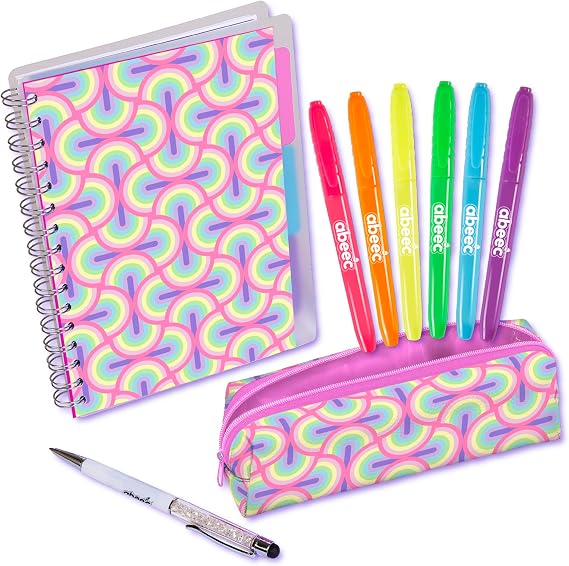 abeec Stationery Set for Girls - School Supplies for Kids - A5 Notebook, Ballpoint Pen with Stylus, Pencil Case and 6 Neon Highlighters