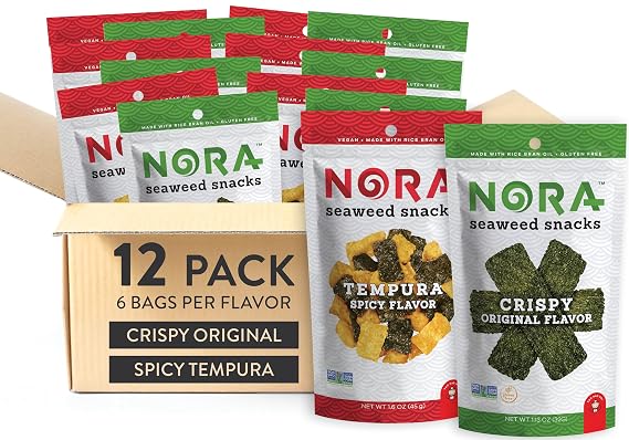 Original + Spicy Tempura Seaweed Snacks Bundle by Nora, Healthy Low-Carb Nori Sheets, Asian Snacks, Crunchy Seaweed Snack Chips, Snacks of Asia, Korean Vegan Snacks, Gluten-Free, Non-GMO, 2 x 6 Packs