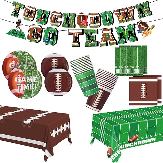 Football Party Supplies Kit for 24 Guests - football party decorations Includes Football Plates Napkins Tablecloth Cups Banner - for Football Birthday Game Day Tailgate Party Decorations