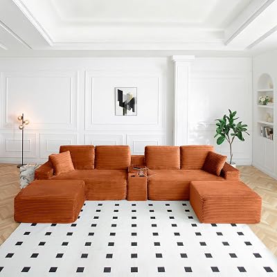 ivoros 150 Inch Modular Sectional Sofa Couch, Oversized Modern Cloud Couch for Living Room, U Shape Couches with 2 Ottomans, USB Ports and Cup Holders, Orange Corduroy Boneless Sofas, Sofa in a Box