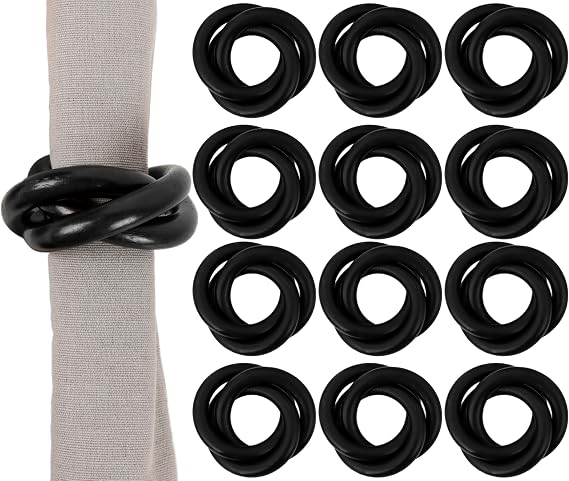 CLEENTABLE Triple-Ring Wood Napkin Rings, 12-Pack, Black