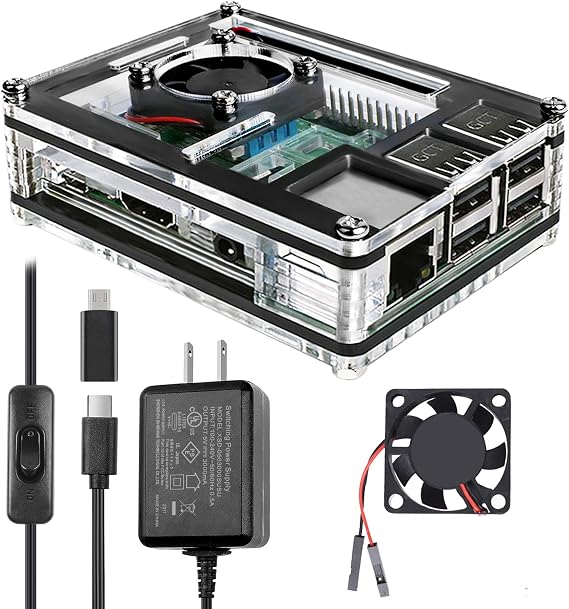 Miuzei Case for Raspberry Pi 3 with Fan 5V 3A Power Supply 3Pcs HeatSinks | 30mm Quiet Cooling Fan, Active Cooler, Dust-proof, USB-C Charger with On/Off Switch, Acrylic Clear Shell for RPi 3 Model B B+