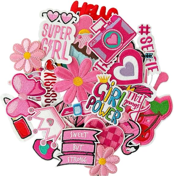 AXEN Embroidered Iron on Patches for Girls, Pink Girls Applique for Clothes, Hat, Backpack, Jeans, DIY Accessories, Pack of 30
