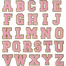 26 Pieces Pink Chenille Letter Patches, Embroidered Letters, Glitter Patches, Varsity Iron on Gold Letter Patches, Adhesive Sticker Letter Patch 3.1in Height