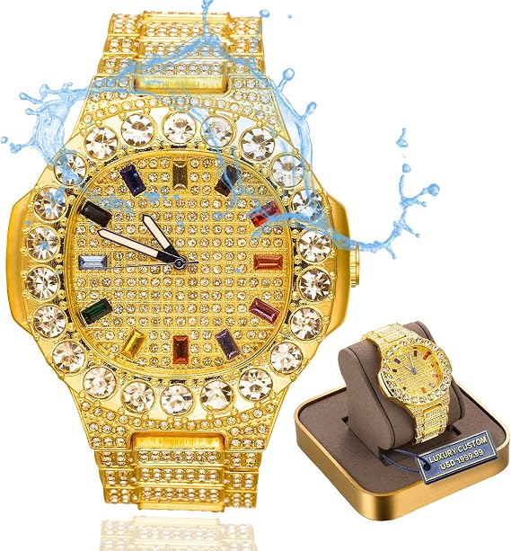 HALUKAKAH Moissanite Diamond Gold Watch for Men - 18k Real Gold/Platinum White Gold Plated,Basic Waterproof,Extra Big Diamonds Set Dial with Multicolour Gems,Iced Out,24cm Wristband,Giftbox Included