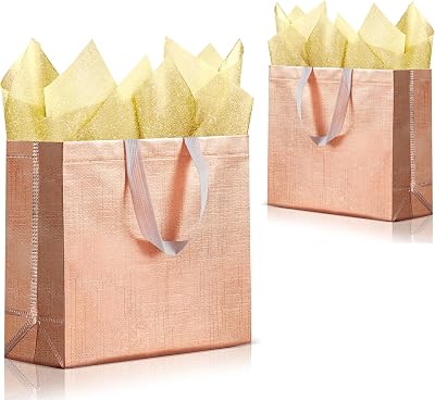 SHIPKEY 10 Pack Rose Gold Gift Bags with Tissue Paper, Reusable Tote Gift Bags for Party, Wedding, Birthday, Christmas, Large Shopping Bags 12.5x4.7x11 inch 32x12x28 cm
