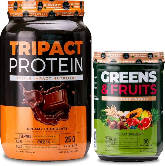 Nutrology TRIPACT Protein Powder, 7-in-1 Meal Replacement Shake, Creamy Chocolate (40 Servings) Greens & Fruits Powder-Naturally Sourced Superfood, Vanilla Cinnamon (30 Servings)