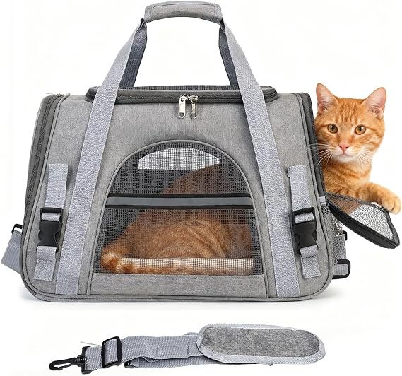 Cat Carrier, Pets Dog Carriers For Travel with Detachable Shoulder Strap & Cozy Mat, 4 Window Mesh Pet Transport Bag for Small-Medium Cats Puppies, Airline Approved- Grey