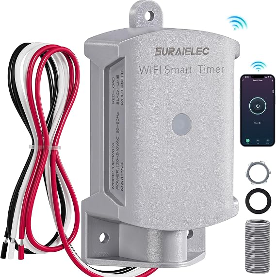 SURAIELEC 15 AMP WiFi Smart Timer Switch for Outdoor Electrical Boxes | 120V WiFi Pool Timer, for Waterproof Outlet Junction Box, Pool Light, Driveway Lighting, Security System, Holiday Decorations