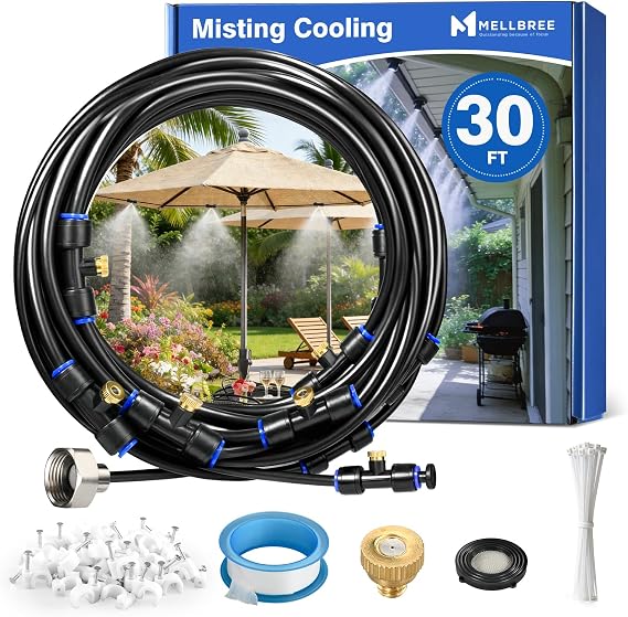 Mellbree Misters for Outside Patio 30FT/9M, Pre-Assembled Misting Cooling System with 8 Brass Nozzles & 3/4" Adapter, Outdoor Mister for Backyard, Garden, Greenhouse, Chicken Coop, Dog House