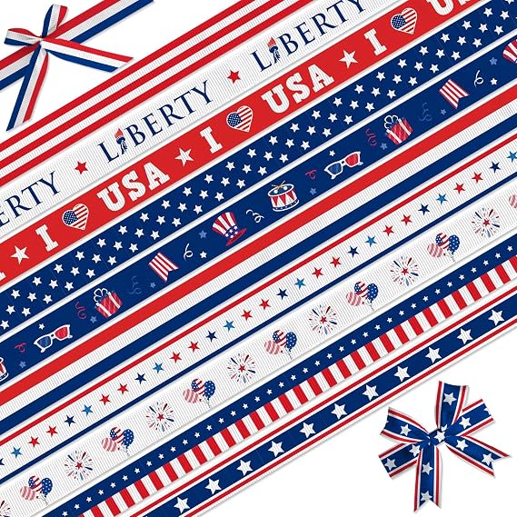 Patriotic Ribbon 10 Pack 3/8" Grosgrain 4th of July Red White Blue Star USA American Flag Ribbons for Craft Decoration Gift Wrapping 3 Yards Each