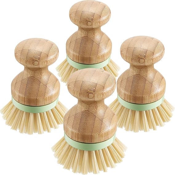 4 Pieces Bamboo Dish Scrub Brush with Holders Wooden Bamboo Round Scrubbers Stiff Bristles Pot Brushes for Wash Dishes, Pots, Pans, Kitchen Iron Pot Pan Sink(Classic Style,Green)