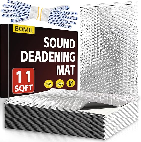DNSGOOR 10 Pcs 80mil (2mm) 11 sqft(1 sqm) Car Sound Deadening Mat,Butyl Automotive Sound Deadener,Noise Insulation and Vibration Dampening Material with Silicone Bumps Gloves
