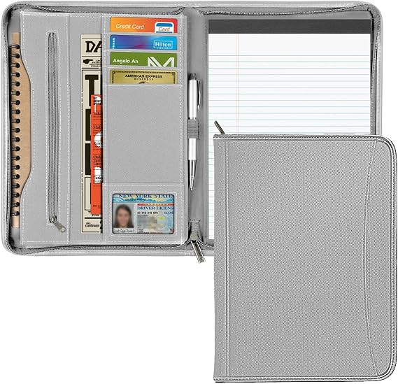 Zippered Portfolio Organizer/ A4 Refillable Lined Writing Notepad Folder Case/Fabric-Covered Padfolio Binder with Interior Storage Pocket for Men Women, Gray.
