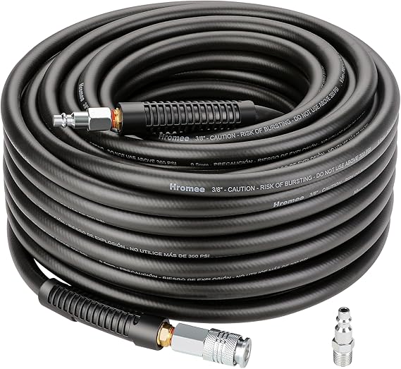 Hromee Air Compressor Hose 3/8 Inch x 100 Feet Hybrid Hose with Fittings, 1/4" Industrial Universal Quick Coupler and 2PCS I/M Plug Kit, Black