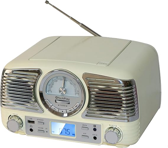 TechPlay QT62BT, Retro Design Compact Stereo CD, with AM/FM Rotary knob, Wireless Bluetooth Reception, and USB Port. with AUX in and Headphone Jack