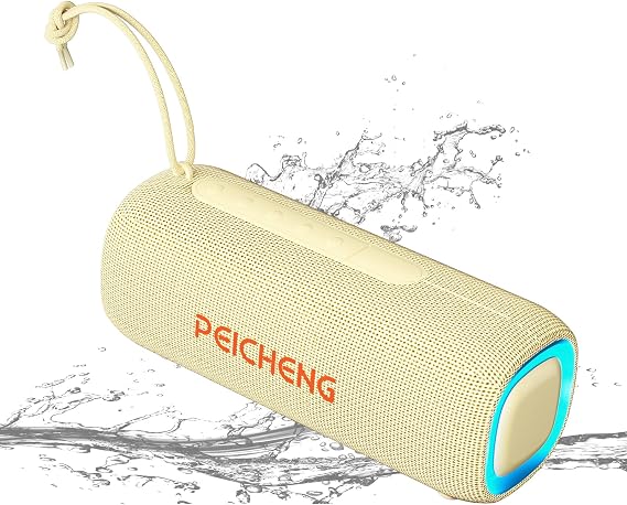 PEICHENG Bluetooth Speaker, Portable Wireless Clear Loud Stereo Sound IPX5 Waterproof with RGB Lights BT5.3 Long Playtime TWS Pairing,for Home Party Outdoor Beach,Great Gift Choice (Beige)