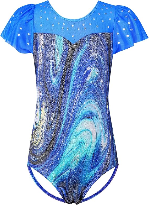 TFJH E Mesh Flutter Sleeve Girls Gymnastic Leotards Ballet Dancewear Practice Outfits 3-12Y