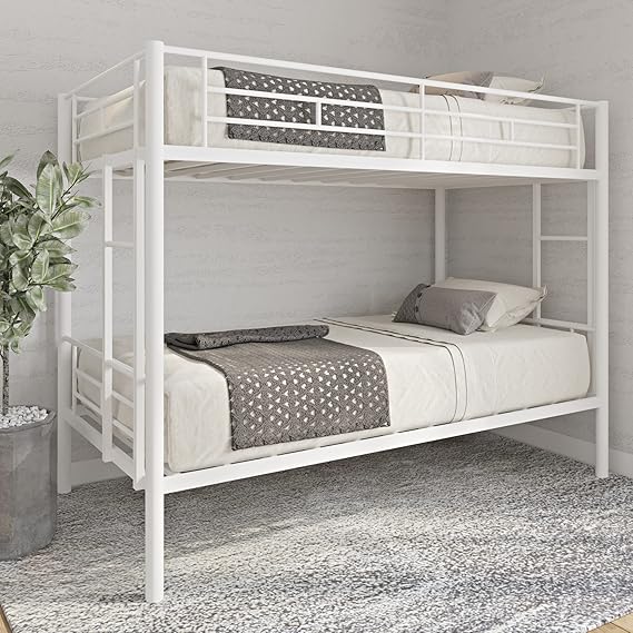 Twin Over Twin Metal Bunk Bed, Twin Over Twin, Twin-Over-Twin Bunk Bed with Metal Frame and Ladder, Space-Saving Design, Easy Assembly (White)