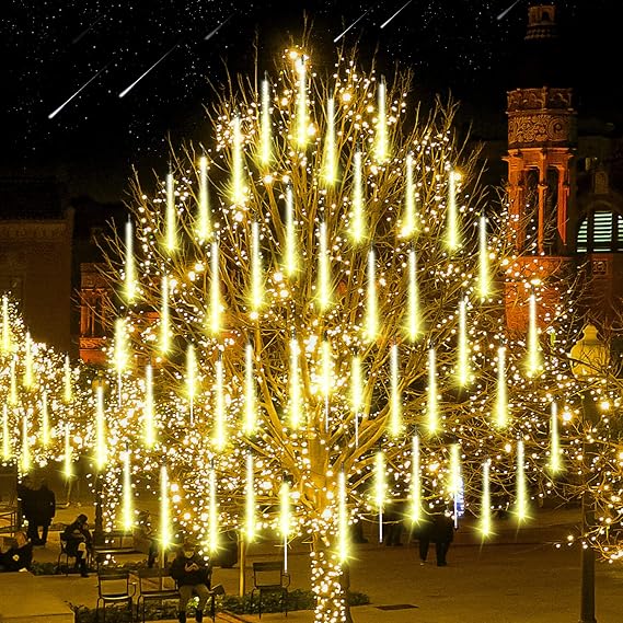 Aluan Christmas Lights Outdoor Meteor Shower Rain Lights, 20 Tubes 720 LEDs 16 Inch Waterproof Plug in Falling Rain String Lights for Halloween Xmas Holiday Party Home Patio Decoration, Warm White