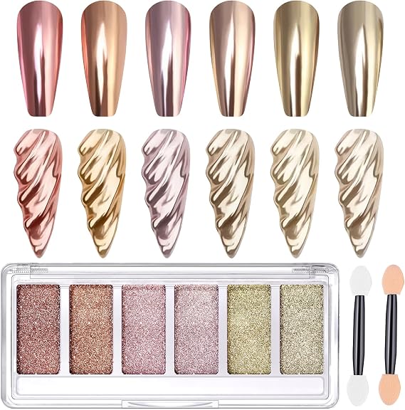 DRMODE Chrome Nail Powder, 6 Colors Gold Champagne Rose Gold Palette