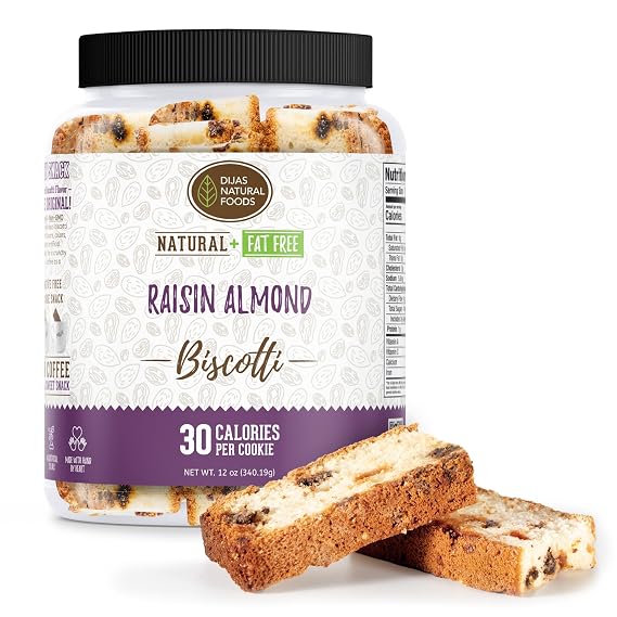 DIJAS Natural Foods, Individually Wrapped Fat Free Biscotti Cookie, All Natural Preservative Free Ingredients, Delicious Low Calorie Snack (Raisin Almond)