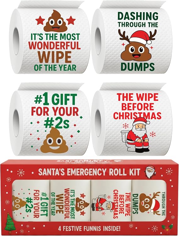 Christmas Toilet Paper Roll Pack of 4 with Gift Box Holiday Gag Gifts, Funny Christmas Gifts, Perfect for White Elephant and Holiday Parties - Novelty, Santa, Xmas, Grinch and Funny Toilet Paper