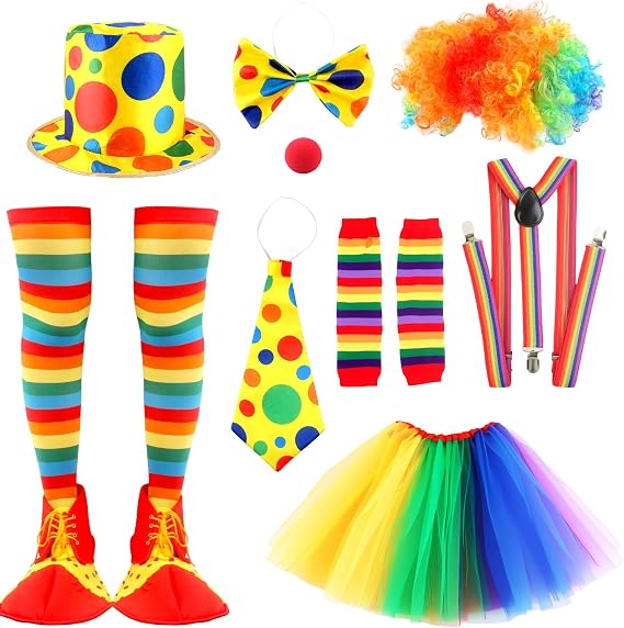 10 Pcs Clown Costume Set Include Rainbow Tutu Skirt Red Nose Shoes Vest Hat Wig Bow Tie and Gloves Clown Outfit for Kids Adult Halloween Carnival Cosplay
