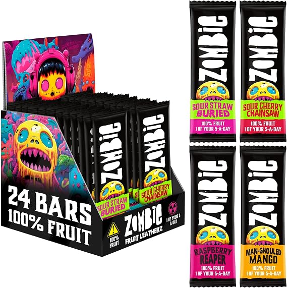 Zombie 100% Fruit Bars, Variety, Sweet & Sour Healthy Snacks, 24 x 25g Bars | 1 of your 5-a-day, Healthy Lunchbox Snacks for Kids and Adults; No Added Sugar, Vegan, Gluten Free, Halal, Dried Fruit