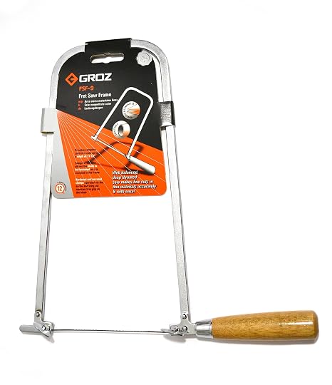 Groz Fret Saw Frame, 12 Inch / 300 mm Premium Chrome Plated Steel Bow with 11-3/8 Inch Throat Depth, Wooden Handle, Serrated Wing-Nut Blade Clamps, Includes Blade, FSF/9/CP (30222)