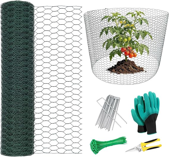 32.8Ft x 16In Plant Protectors from Animals, Wire Plant Protector Cage, Metal Chicken Wire Fence for Garden Plant Protection Guards from Rabbits Squirrel Deer, with Stakes, Zip Ties, Gloves & Pliers
