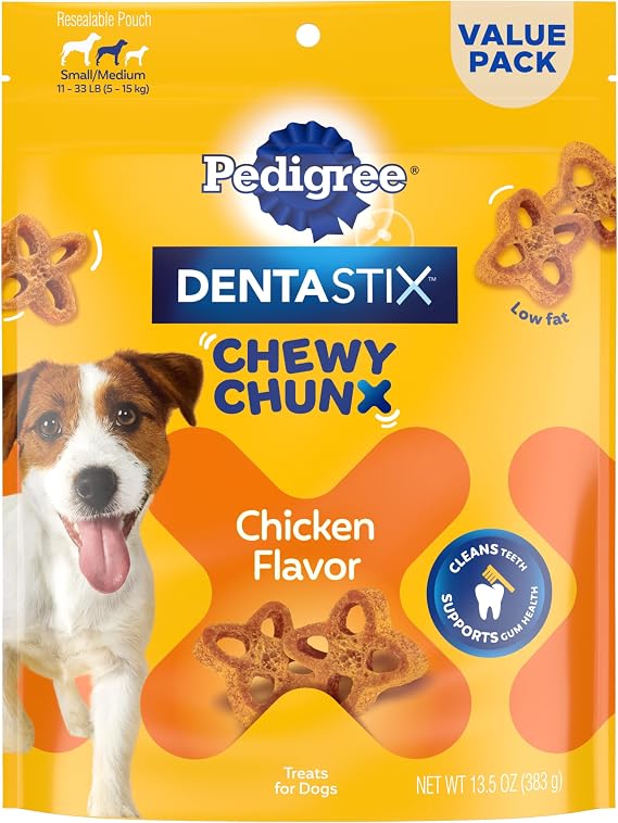 Pedigree Dentastix Chewy Chunx Small Dental Dog Treats, Chicken, 13.5 oz | Chewy texture reduces plaque, cleans teeth & supports gum health, no added sugar, low fat under 25 calories per treat