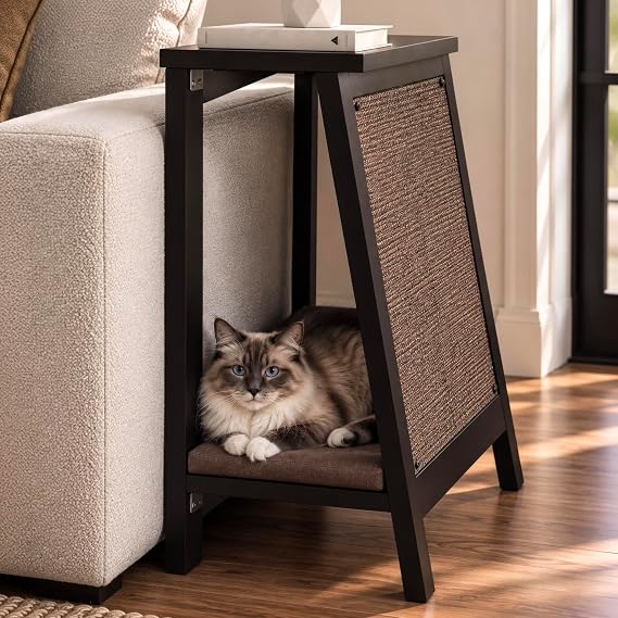 THE REFINED FELINE A-Frame Cat Bed Cave in Black Ebony with Ventilated Base, Multipurpose Wood Cat Furniture Table, Easy to Clean Covered Cat Bed with Replaceable Scratching Post & Washable Cushion