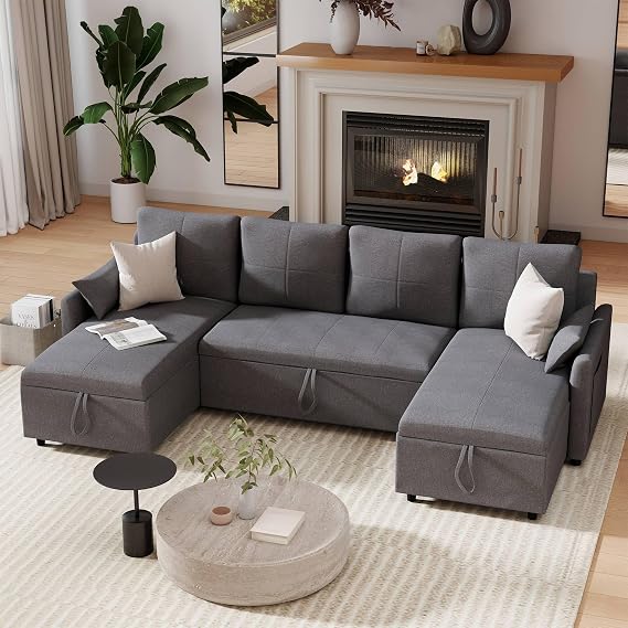Grey U Shaped Couch Bed, 106", Sleeper Sofa Couch with Pullout Bed | 106" Grey Sleeper Sofa Couch with Pullout Bed, Convertible Sleeper Sectional for Living Room, Comfortable Modular Couchs
