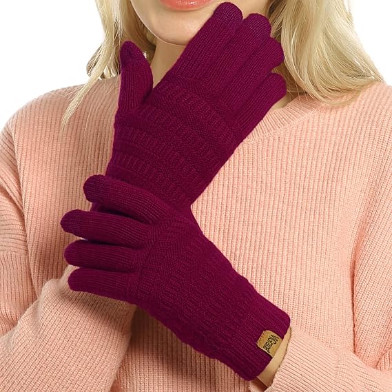 ViGrace Womens Winter Touchscreen Gloves Cable Knit Warm Lined 3 Fingers Dual-layer Touch Screen Texting Thermal Glove