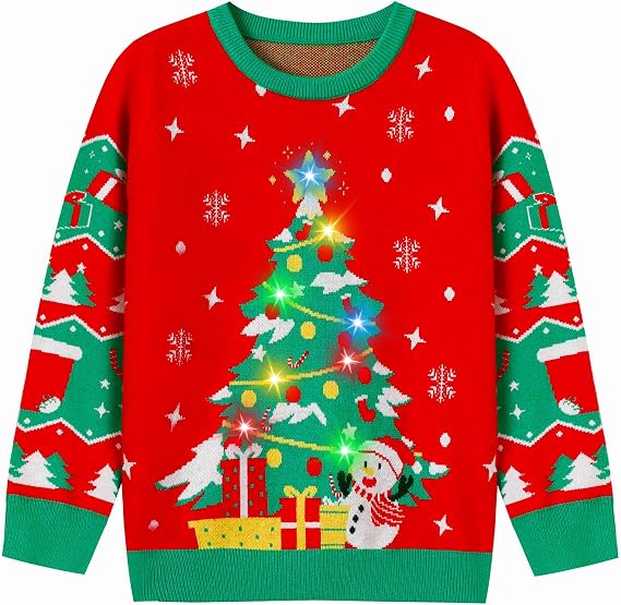 Kids Ugly Christmas Sweater Girls Boys LED Light Up Christmas Sweaters Funny Xmas Knitted Pullover for 5-14Y