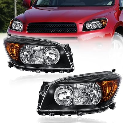 Pair Headlights Assembly Compatible for 2006-2009 Toyota RAV4 4-Door Halogen Only Black Housing Clear Lens Amber Reflector Front Lamps Left and Right Side #8117042331