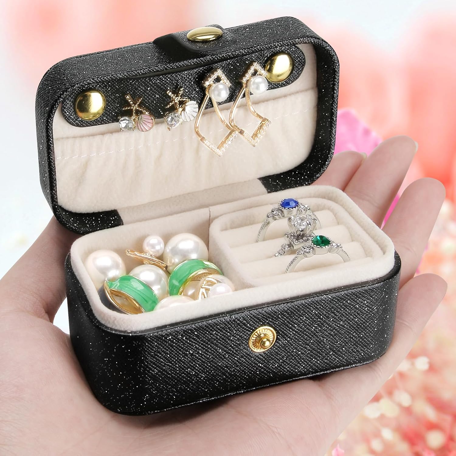 Small Travel Jewelry Box, Mini Jewelry Holder for Multiple Rings Necklace Earrings Lipstick, Portable Jewelry Storage Organizer Case with Removable Ring Slot BLACK