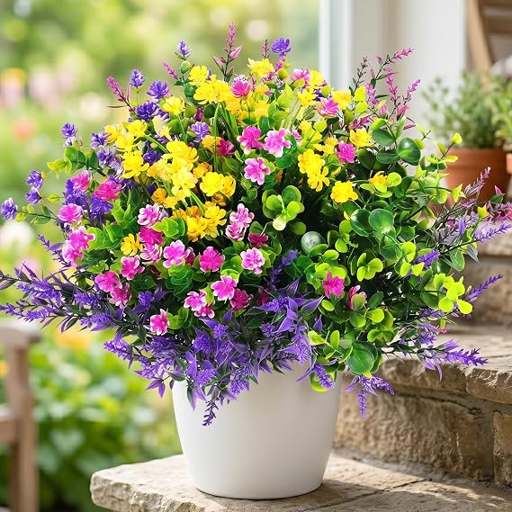 Hananona 12 Pcs Artificial Flowers Outdoor, Faux Artificial Plants UV Resistant Plastic Flower Bulk for Hanging Planter Porch Window Home Wedding Fall Summer Decor (12, Fuchsia, Purple, Yellow, Green)