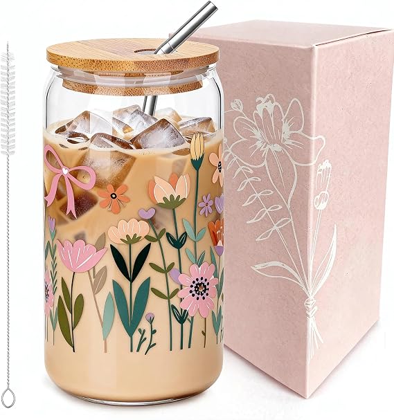 JOYMIA Floral Glass Cups with Lids and Straws 16oz Wildflower Glass Can, Cute Coffee Tumbler for Home & Office,Reusable Straw Perfect Flower Girl Cup & Gifts for Women
