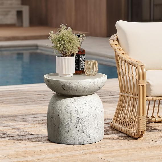 LuxenHome 16" Rustic Gray Round Outdoor Side Table, MgO End Table for Patio