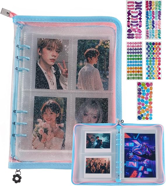 A5 Kpop Photocard Binder, 5 Sticker Sheets & 50 Card Pages,270 Slots,3 Card Slot Sizes.6-Ring Photo Card Holder Book,Cute Binder with Sparkly Clear Cover. Photo Album for K-pop Stan.(Blue)