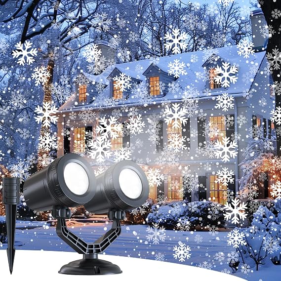Brightown Christmas Snowflake Projector Lights Outdoor, LED Double Head Christmas Projection Lights Waterproof Snow Rotating Lamp Landscape Lights for House Xmas Holiday New Year Decoration