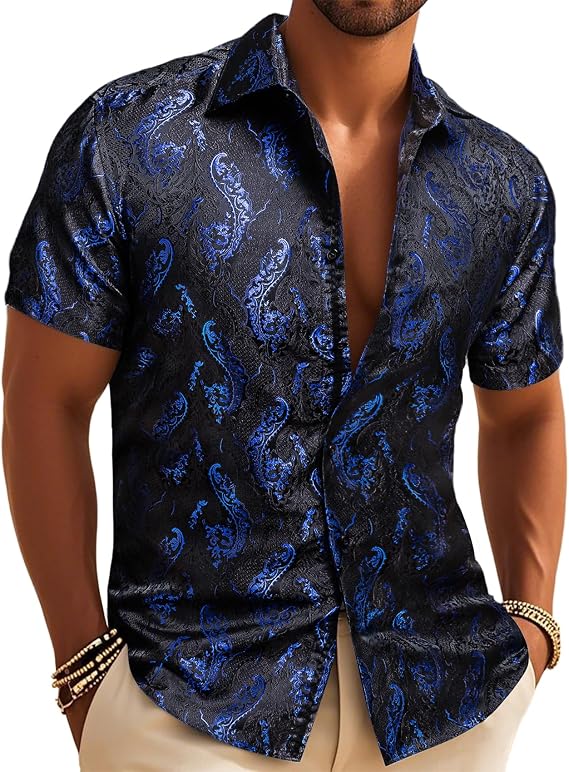 YOHOWA Men's Silk Paisley Short Sleeve Button Down Shirts Disco Mexico Prom