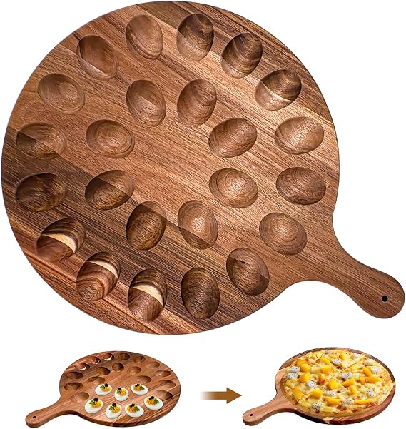 Deviled Egg Platter,Acacia Wooden Round Deviled Egg,Charcuterie Board Deviled Egg Holder Carrier with 24 Holes for Kitchen Countertops