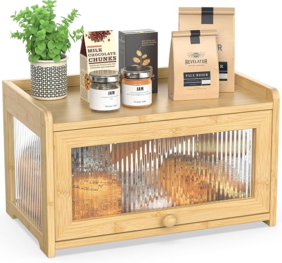 BAMBANG Bamboo Bread Bins for Kitchen, Wooden Bread Box Storage Container Box with 3 Sides Wavy & Back Clear Window, Large Breadbin Breadbox for Homemade Bread, Natural