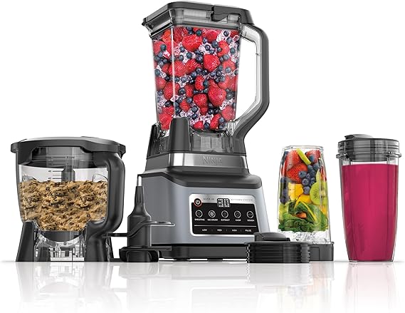 Ninja Professional Plus Kitchen System, 1400WP, Auto-iQ, Grey, BN801 | 5 functions for smoothies, chopping & dough with Auto-iQ. 72-oz blender pitcher, 64-oz processor, (2) 24-oz cups.