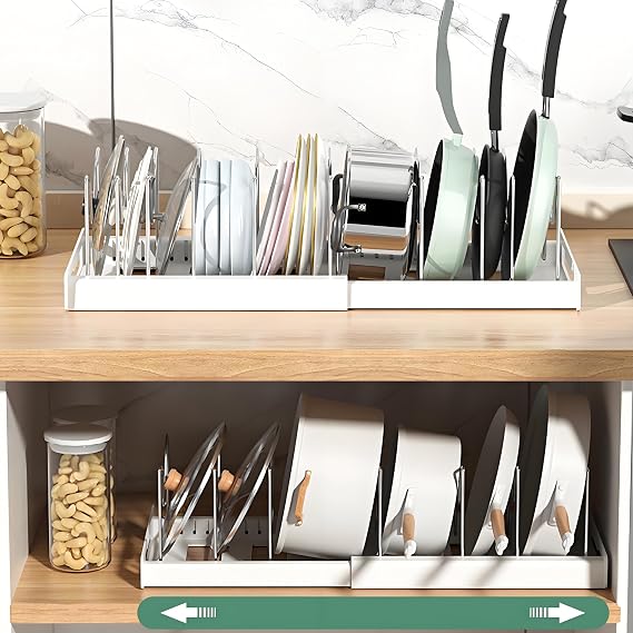 KXSGKRR 2 Pcs Pot and Pan Organizer, Expandable Pots and Pans Organizer Under Cabinet, Pot Lid Holder with 10 Adjustable Compartment for Bakeware, Cutting Boards, Lid, Dishes, Cookware (2 Pcs)