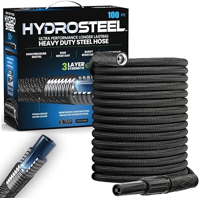 Hydrosteel 100Ft Garden Hose, 304 Stainless Steel Metal Water Hose 100Ft, Ultra Durable Flexible Lightweight Crush Resistant Fittings Kink & Tangle Free 58 Inner Diameter, 500 PSI AS SEEN ON TV